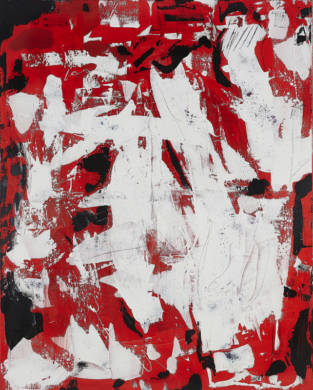 "Structured in red" | Monika Kustermann 120x80cm Mixed Media / Acryl mit Kreide auf Leinwand